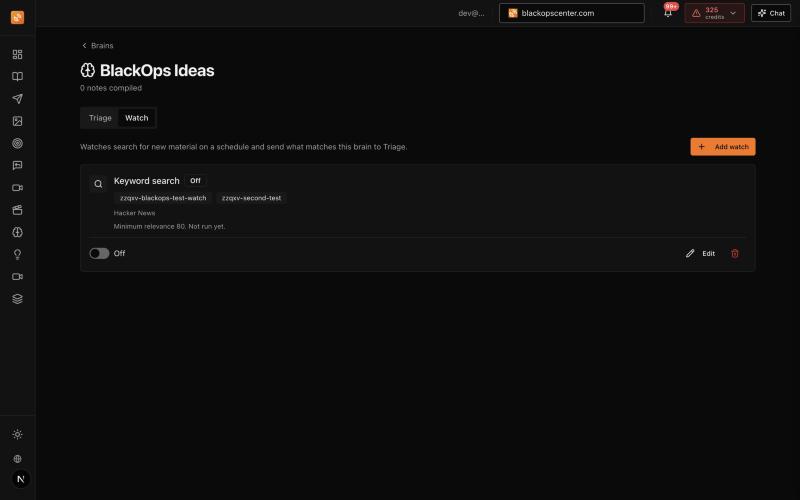 A keyword watch with its sources, threshold and last run The Watch tab on a brain, with one keyword watch