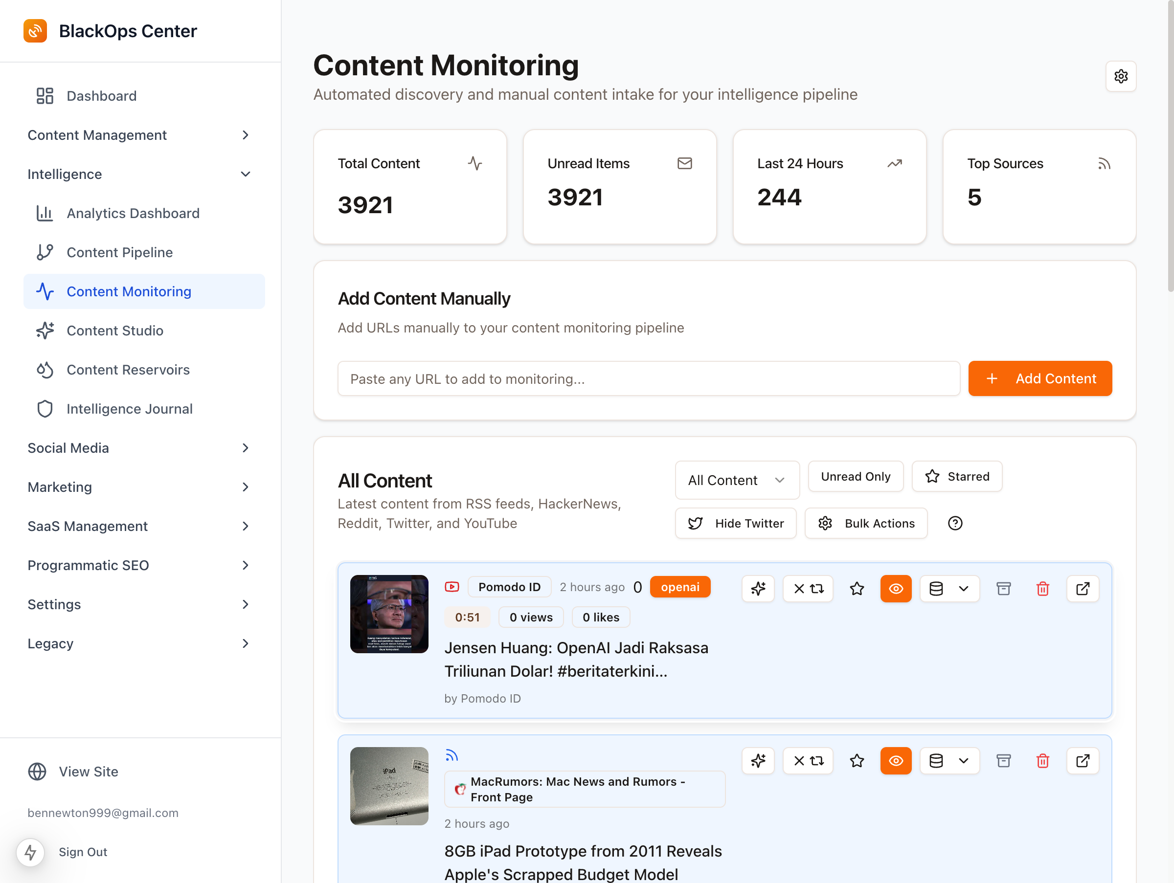 Content Monitoring dashboard showcasing automated content discovery features