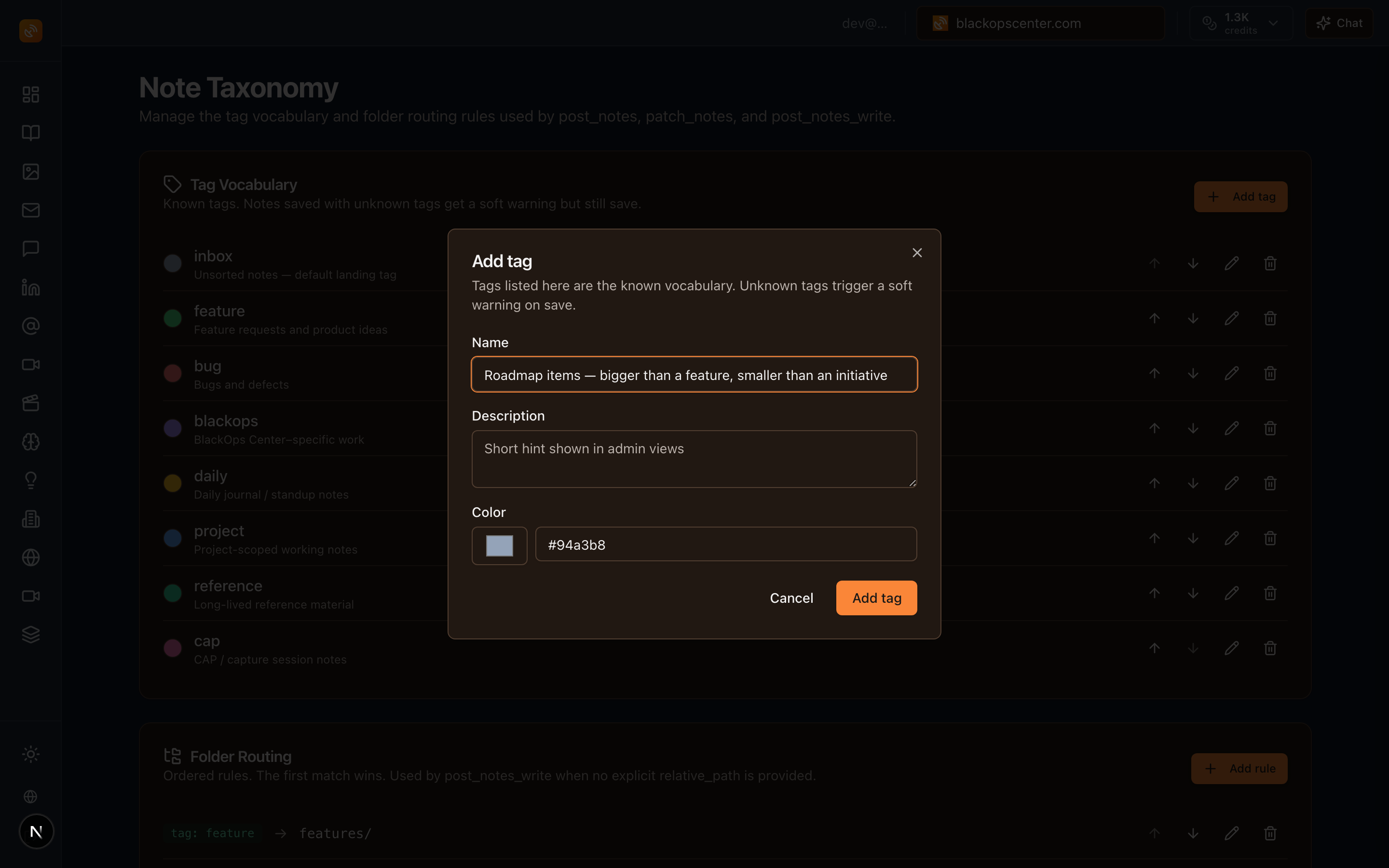 Add tag dialog with name, description, and color picker