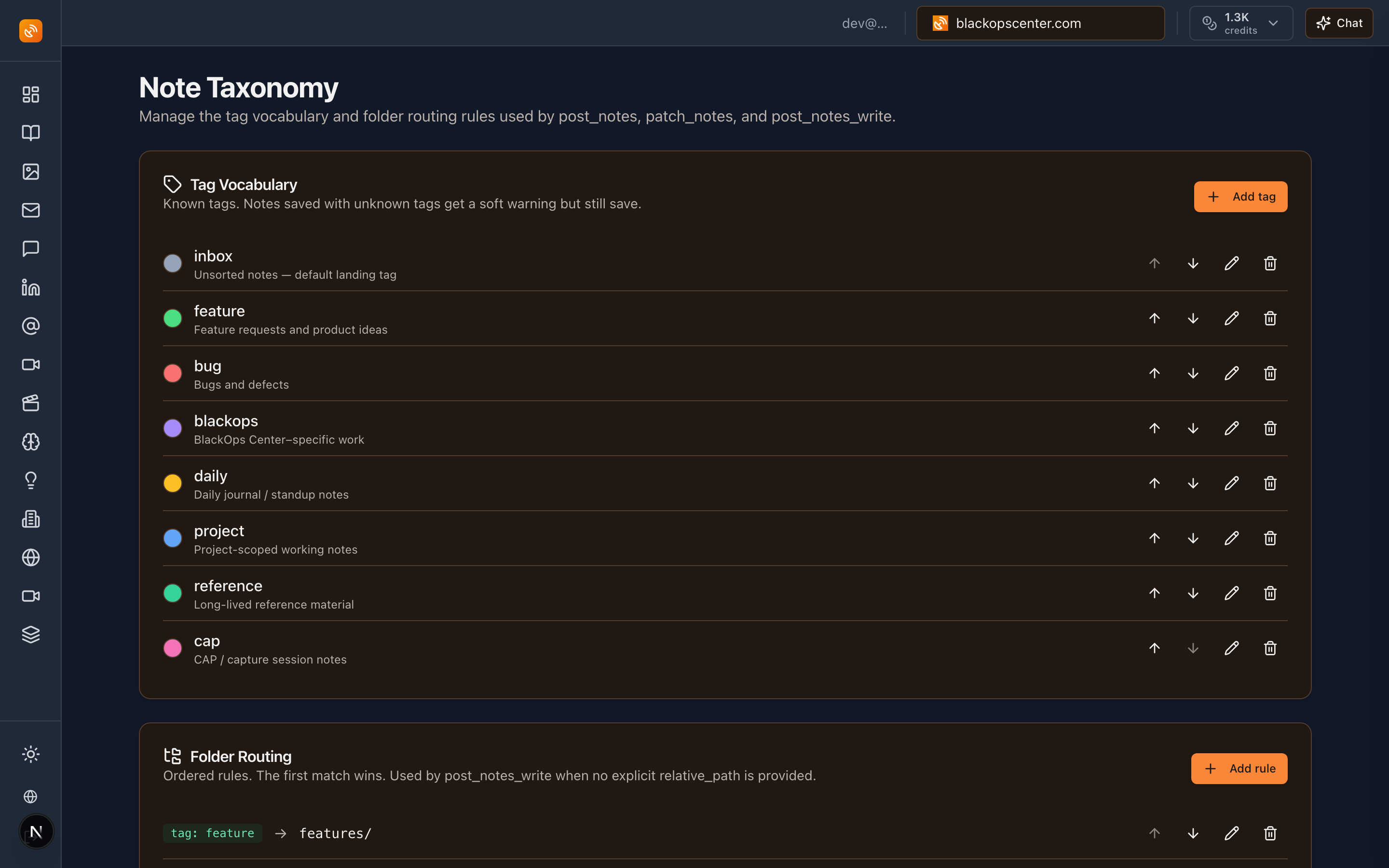 Note Taxonomy settings page showing the default tag vocabulary and folder routing rules