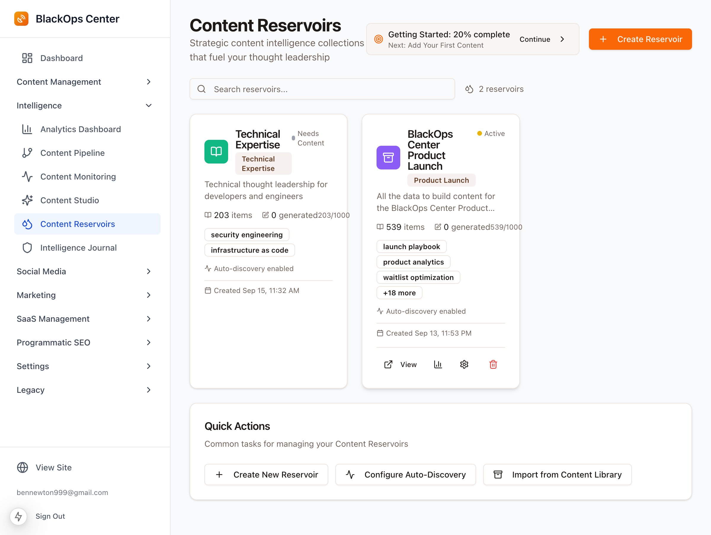 Content Reservoirs overview displaying collections and stats for effective content strategy