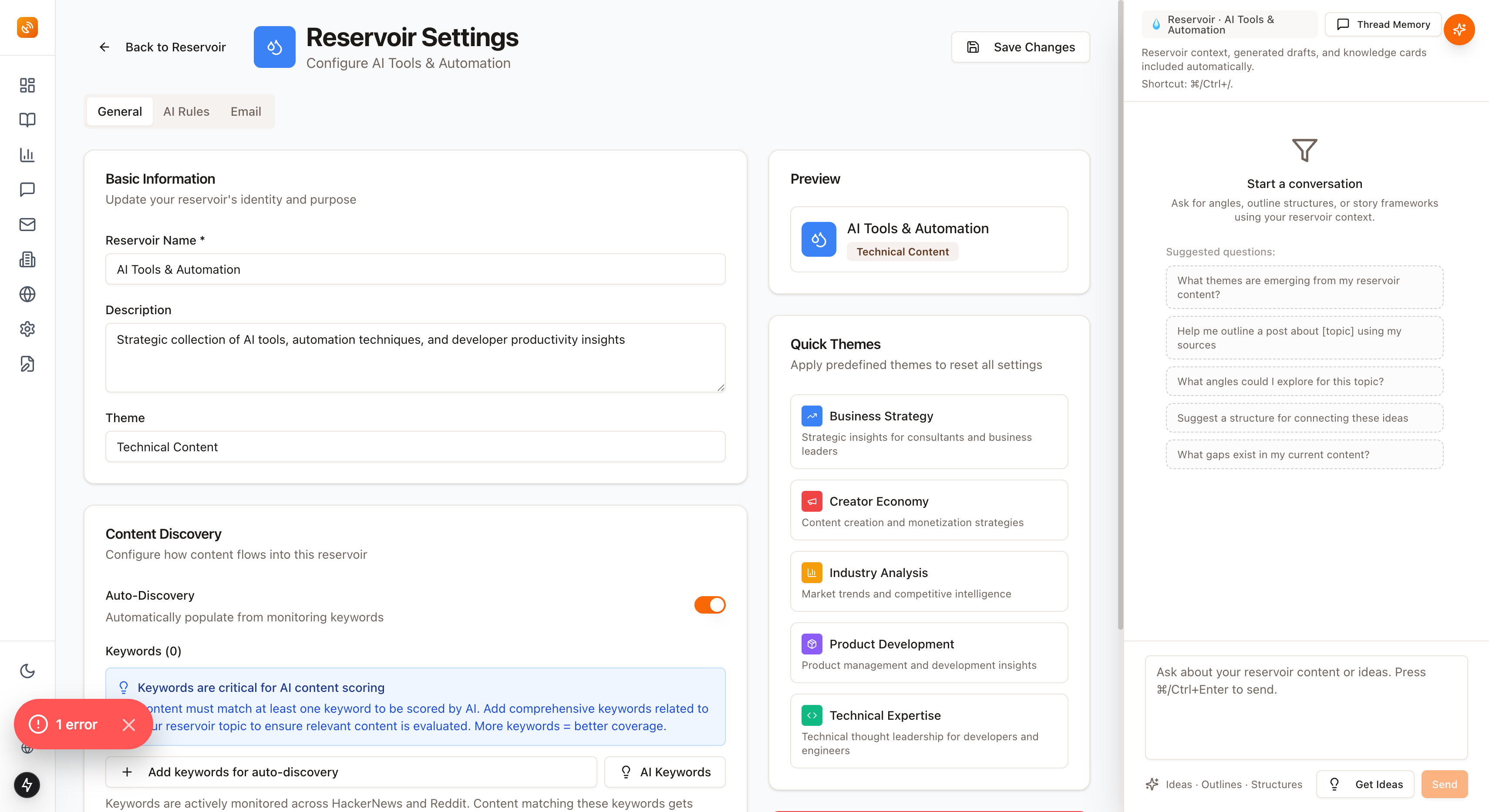 Reservoir General Settings